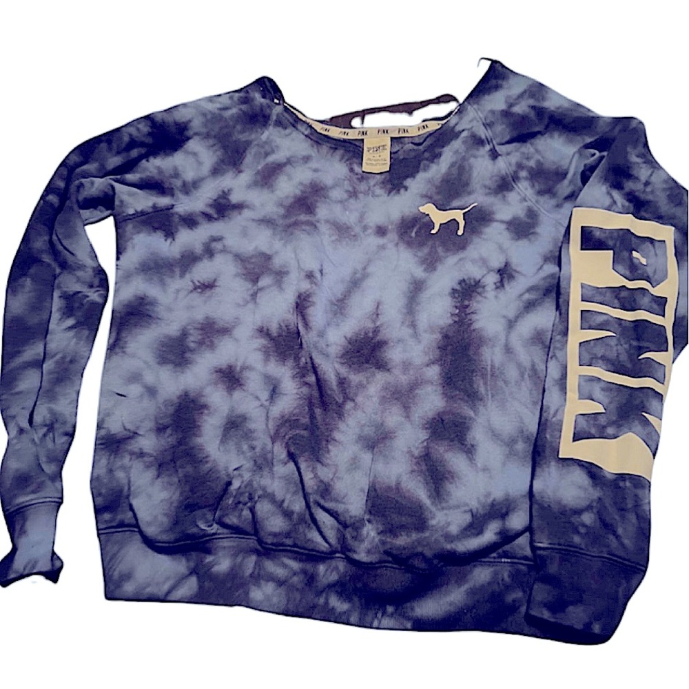 Victoria's Secret Pink Tie Dye Wide Neck Logo Sweatshirt Size  Medium Blue